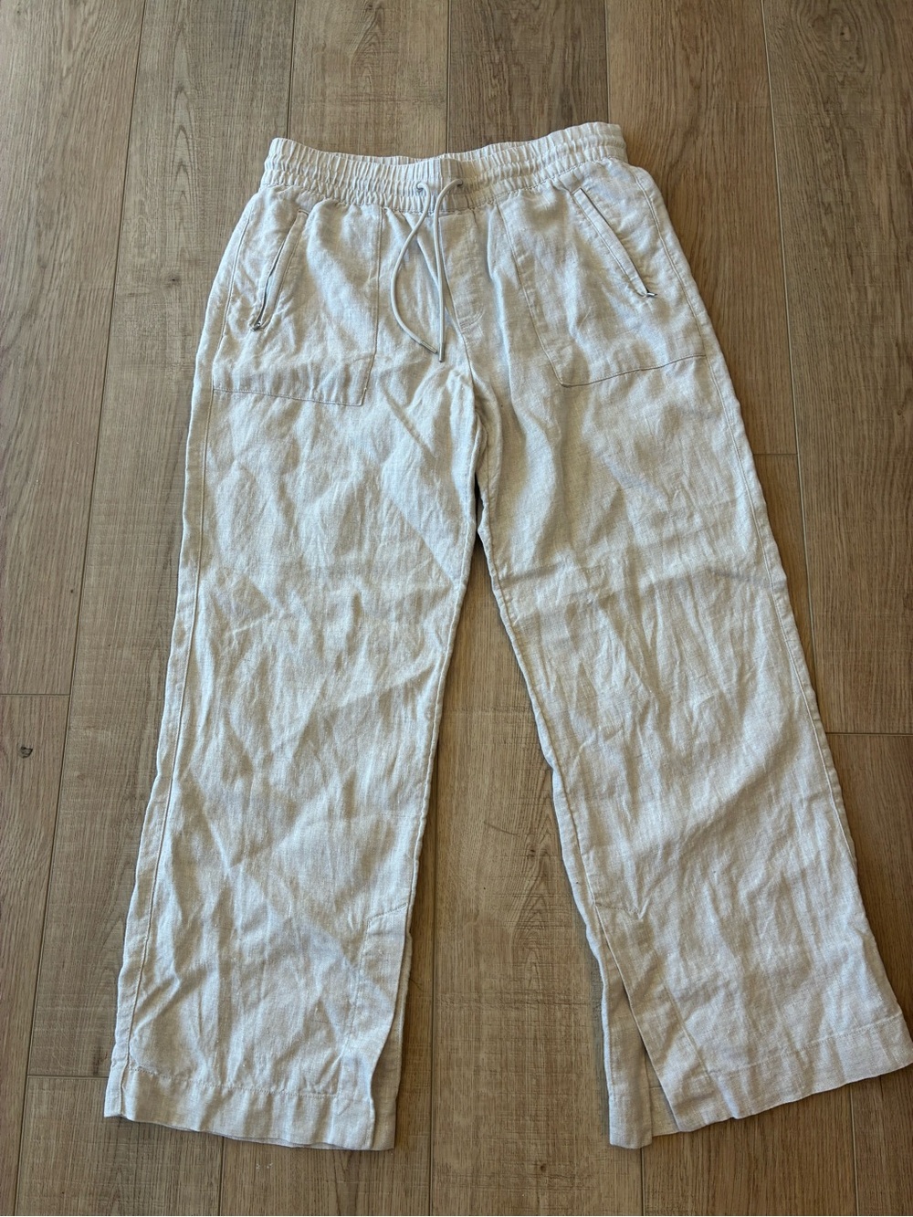 Athleta Light Beige Linen-Blend wide leg Drawstring pants pockets comfy Fall